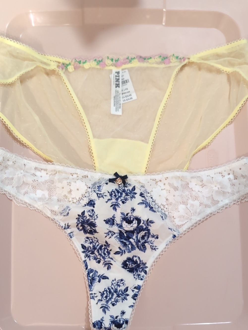 Victoria's Secret Yellow Mesh & White Floral Lace Thong